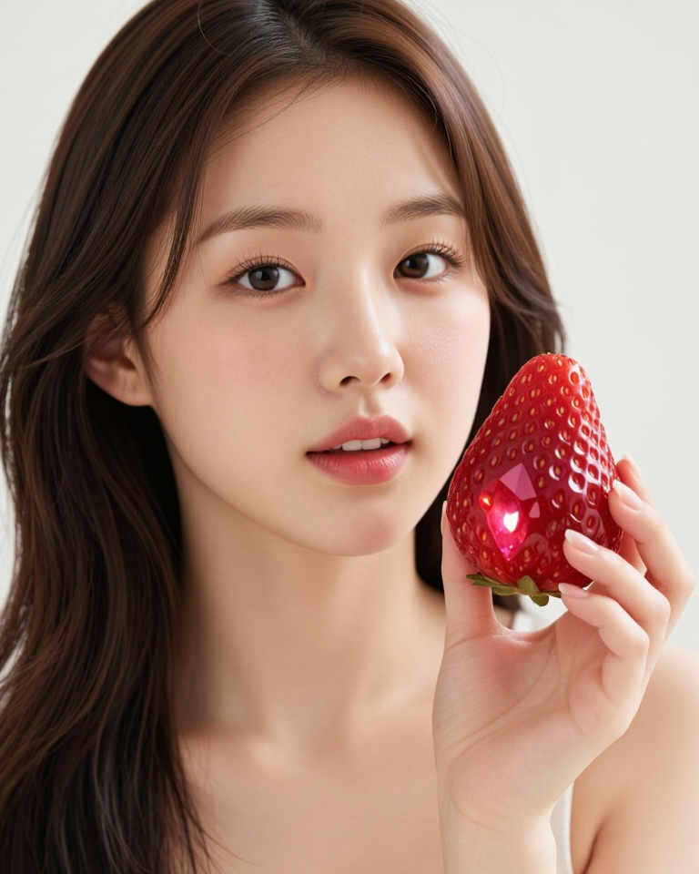 거대한 딸기를 든 모델